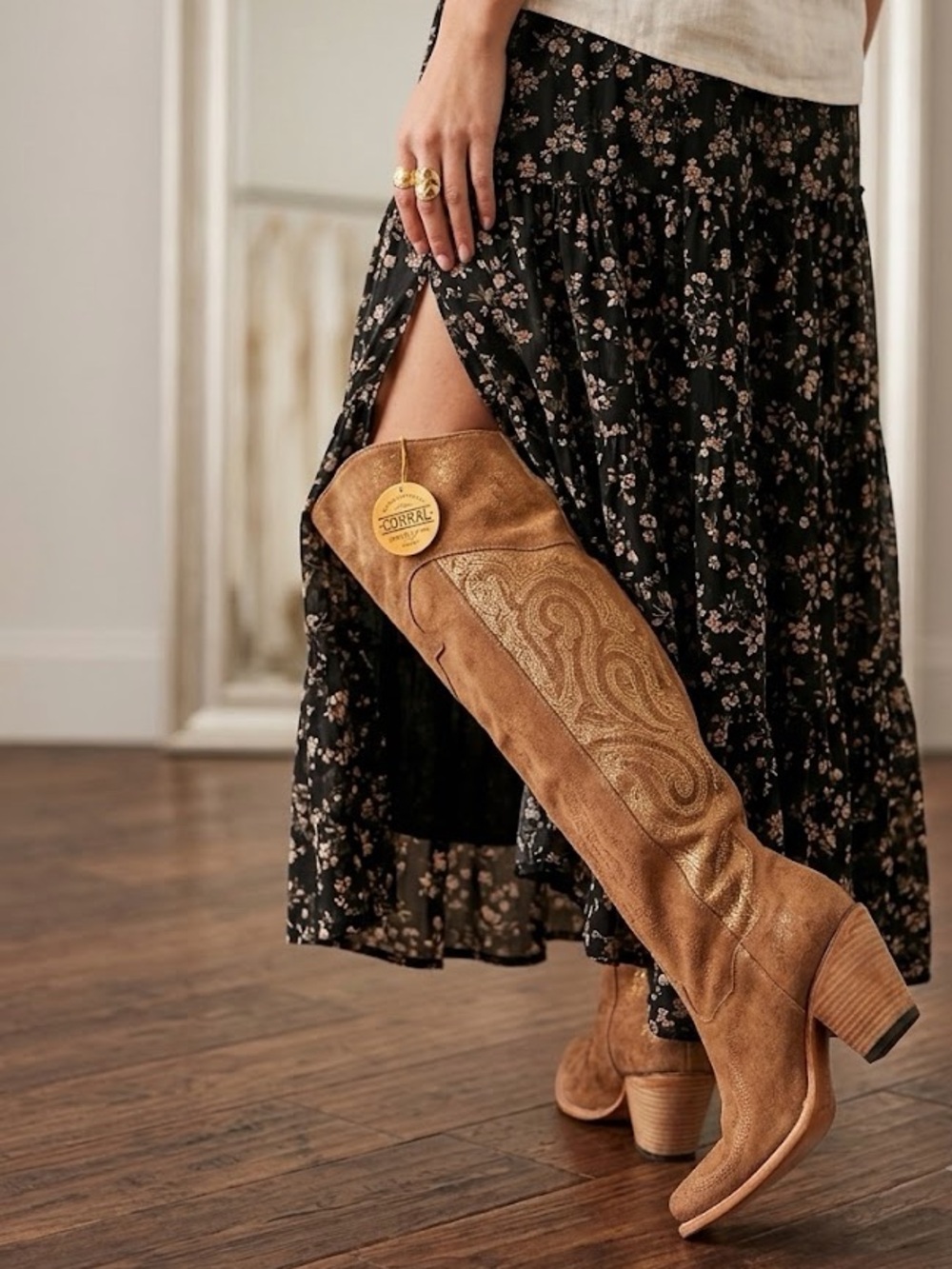 Rose Gold Over-the-Knee Suede Boots in Tan
